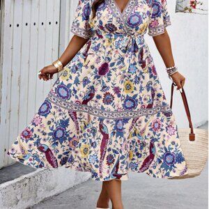 Boho Beach Maxi Dress Flutter Sleeves Belted Waist V-Neck – Size 3X (18)